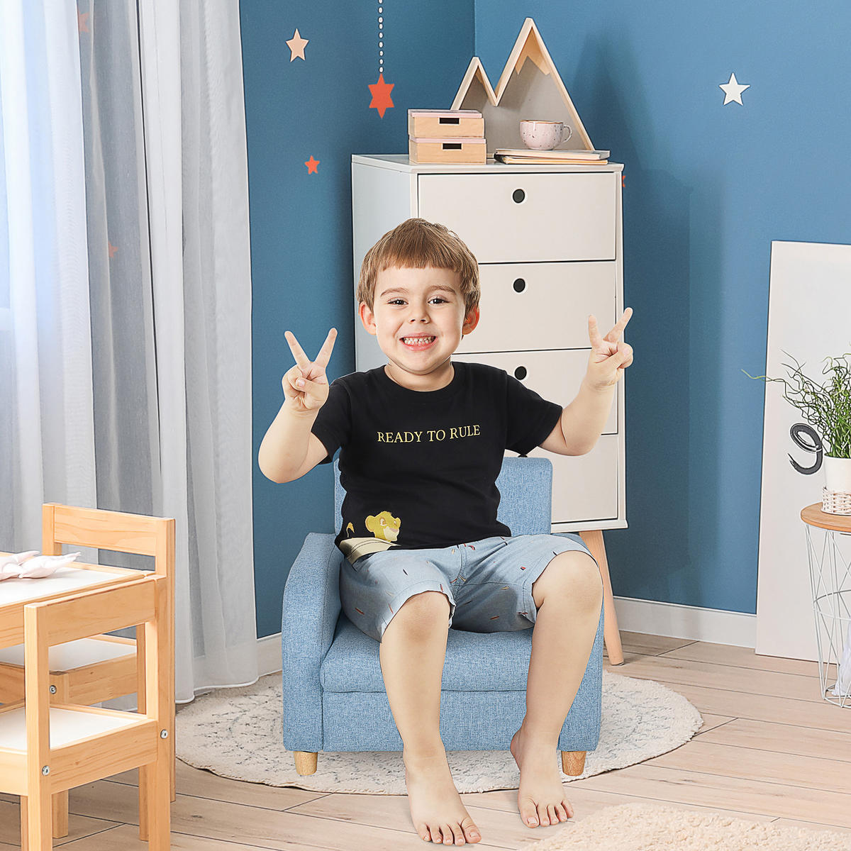 KINDERSOFA Kindersessel mit dickem Schaumstoff Sitzkissen Leinen Blau - Blau, Holz (45/44.5/49cm) - HOMCOM