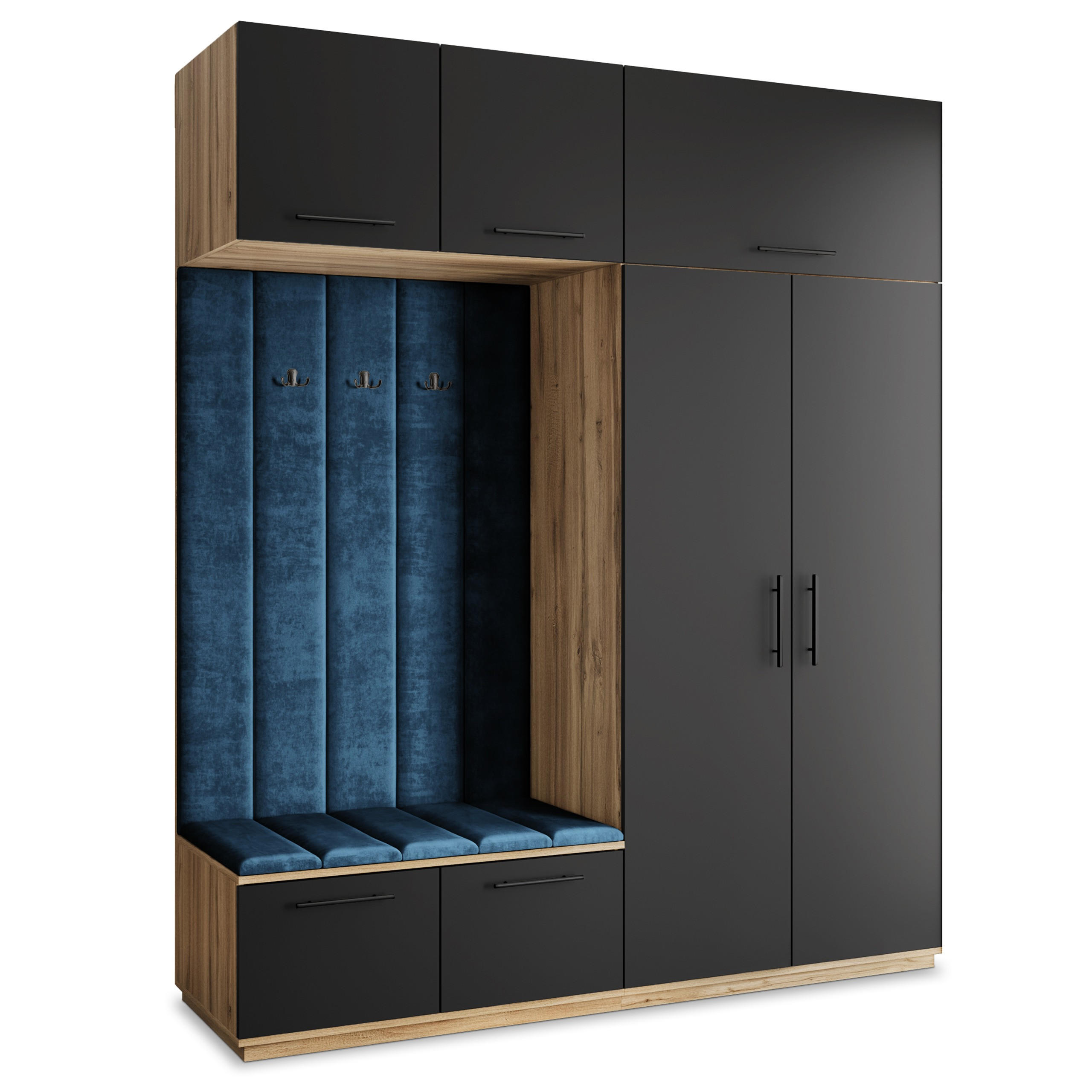 Masseno Garderobenschrank Eiche Wotan, Schwarz, Blau 200x240x60 cm