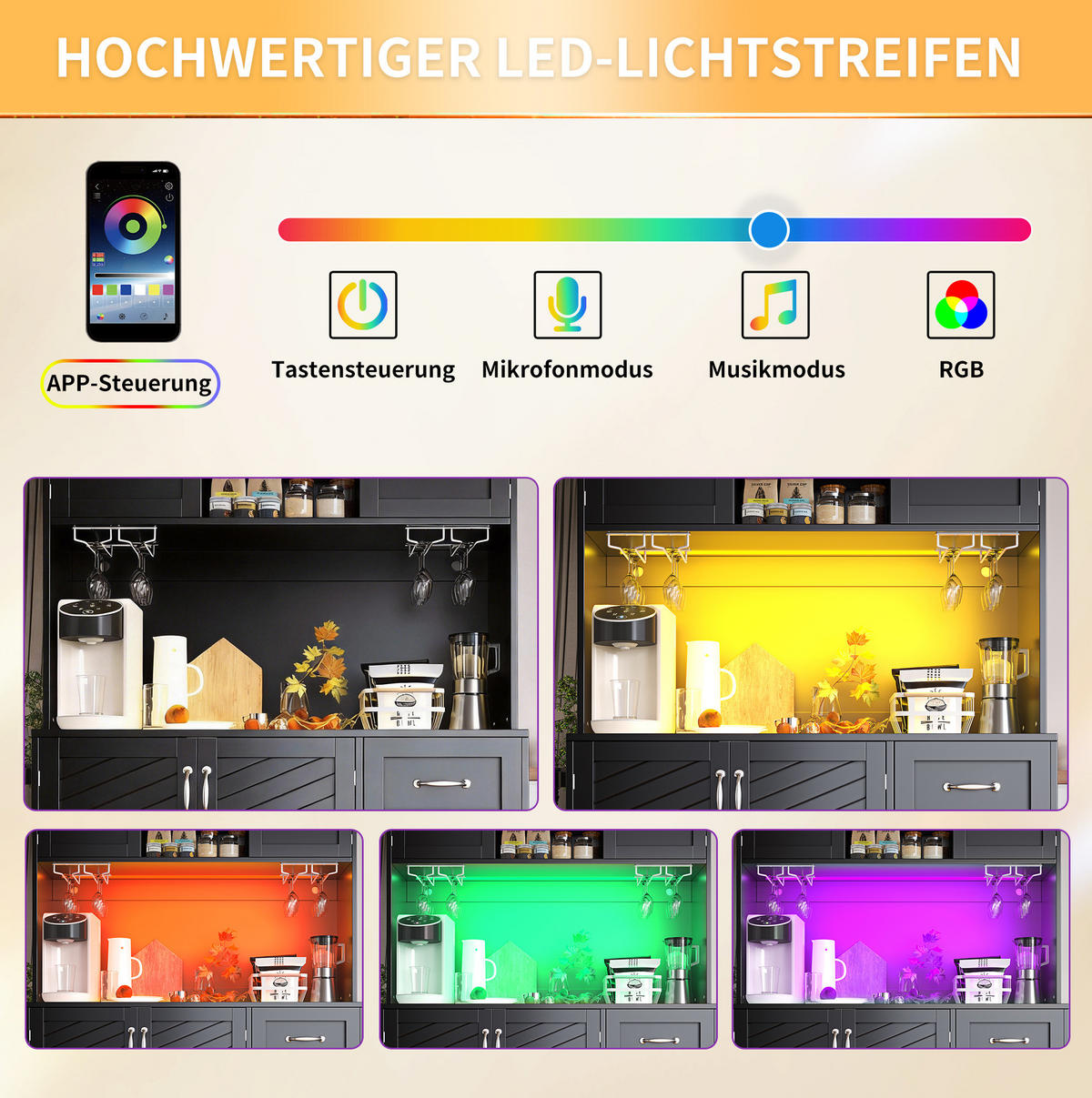 BUFFETSCHRANK 120/40/188 cm mit LED-Beleuchtung, Getränkhaltern, 4 Türen und 2 Schubladen, MDF, Schwarz - Schwarz, Holzwerkstoff (120/188/40cm) - Redom