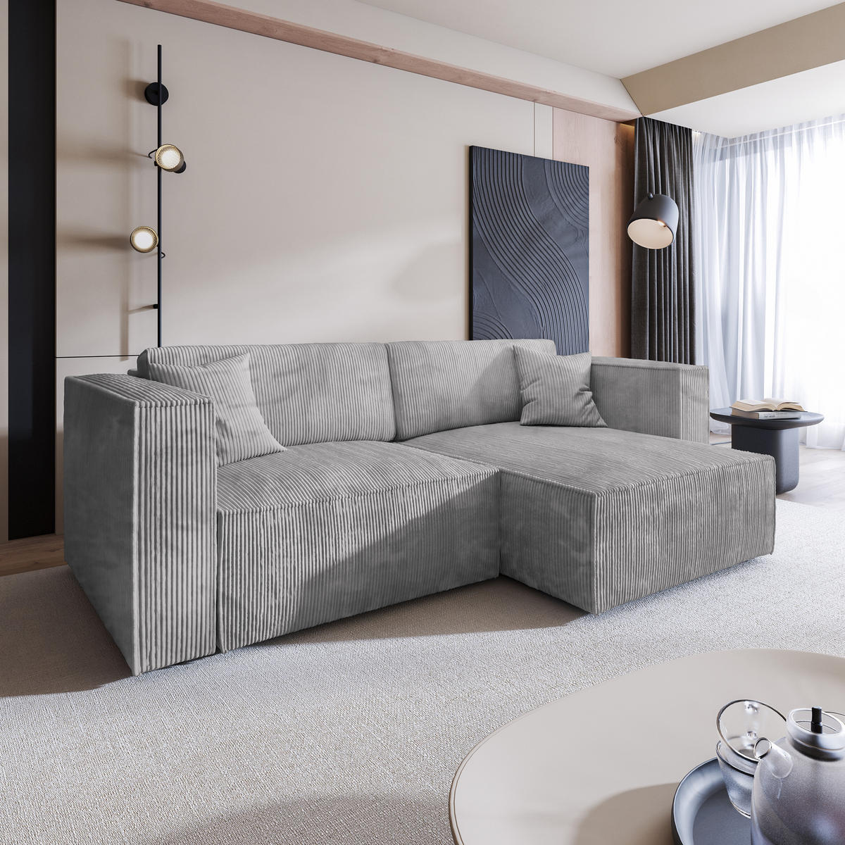 ECKSOFA NERIO P Hellgrau Kordstoff mit Schlaffunktion - Hellgrau, Holz (245/148cm) - MASSENO