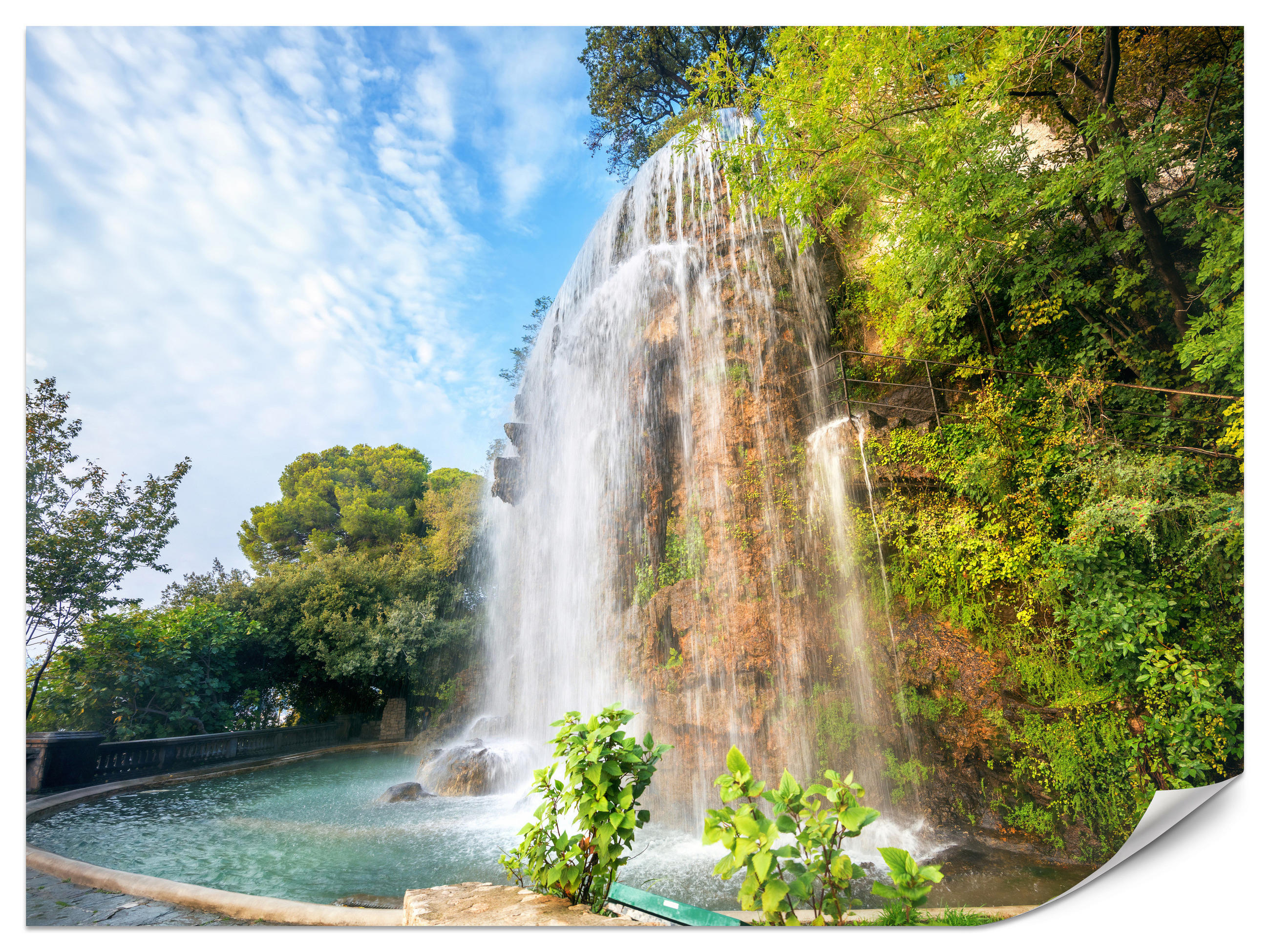 FOTOTAPETE für Wohnzimmer Wasserfall Nizza Felsen Pflanzen Bäume 400x280 - Blau/Beige, Papier (400/280cm) - Muralo