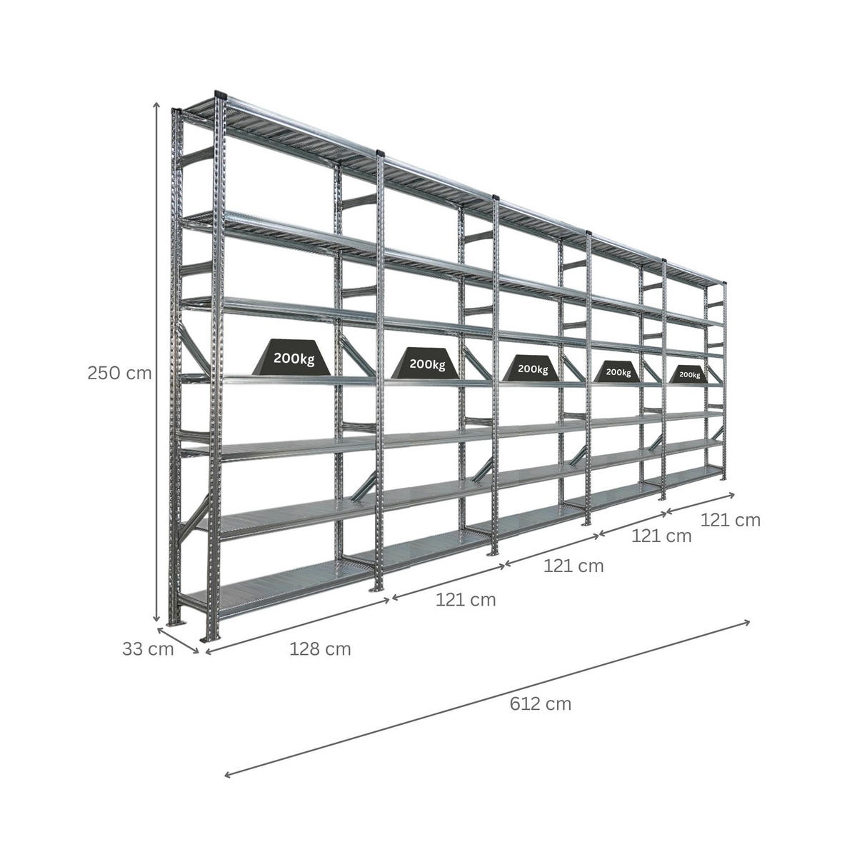 FACHBODENREGAL Proximo 250x600x32cm 7 Ebenen Beidseitig nutzbar Verzinkt - Silberfarben, Metall (600/250/32cm) - PROREGAL