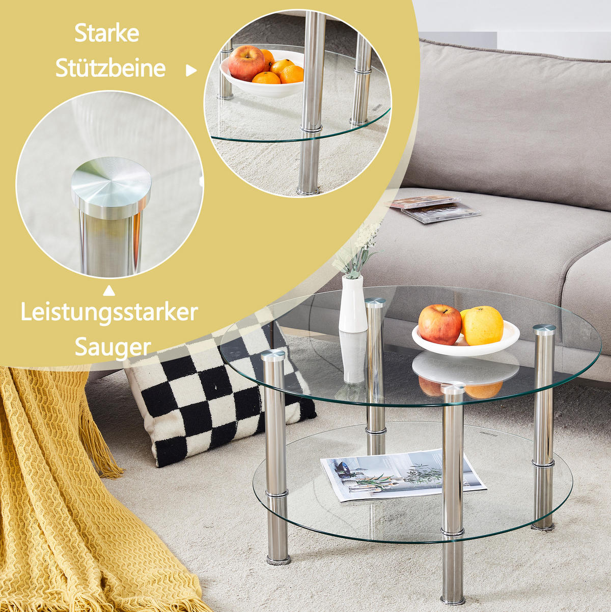 COUCHTISCH 70/70/42 cm mit 2 Glasplatten und Metallgestell, modern und platzsparend, Silber/Transparent - Silberfarben, Glas (70/70/42cm) - Redom