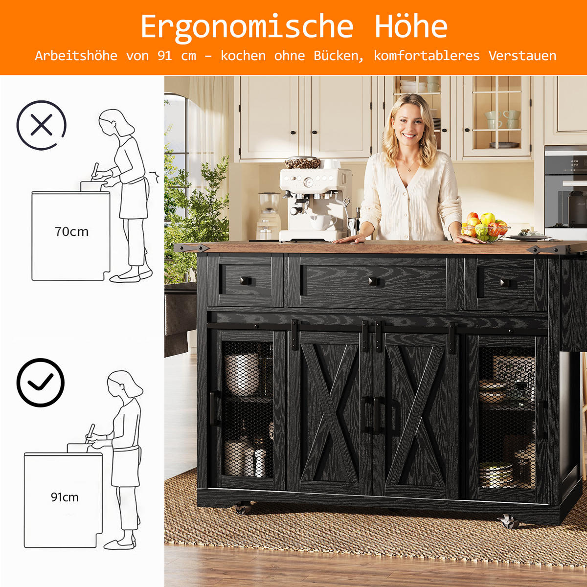 KÜCHENINSEL Küchenwagen Ausziehbare Arbeitsplatte - Schwarz, Holzwerkstoff (120.2/91.5/45.3cm) - FLIEKS