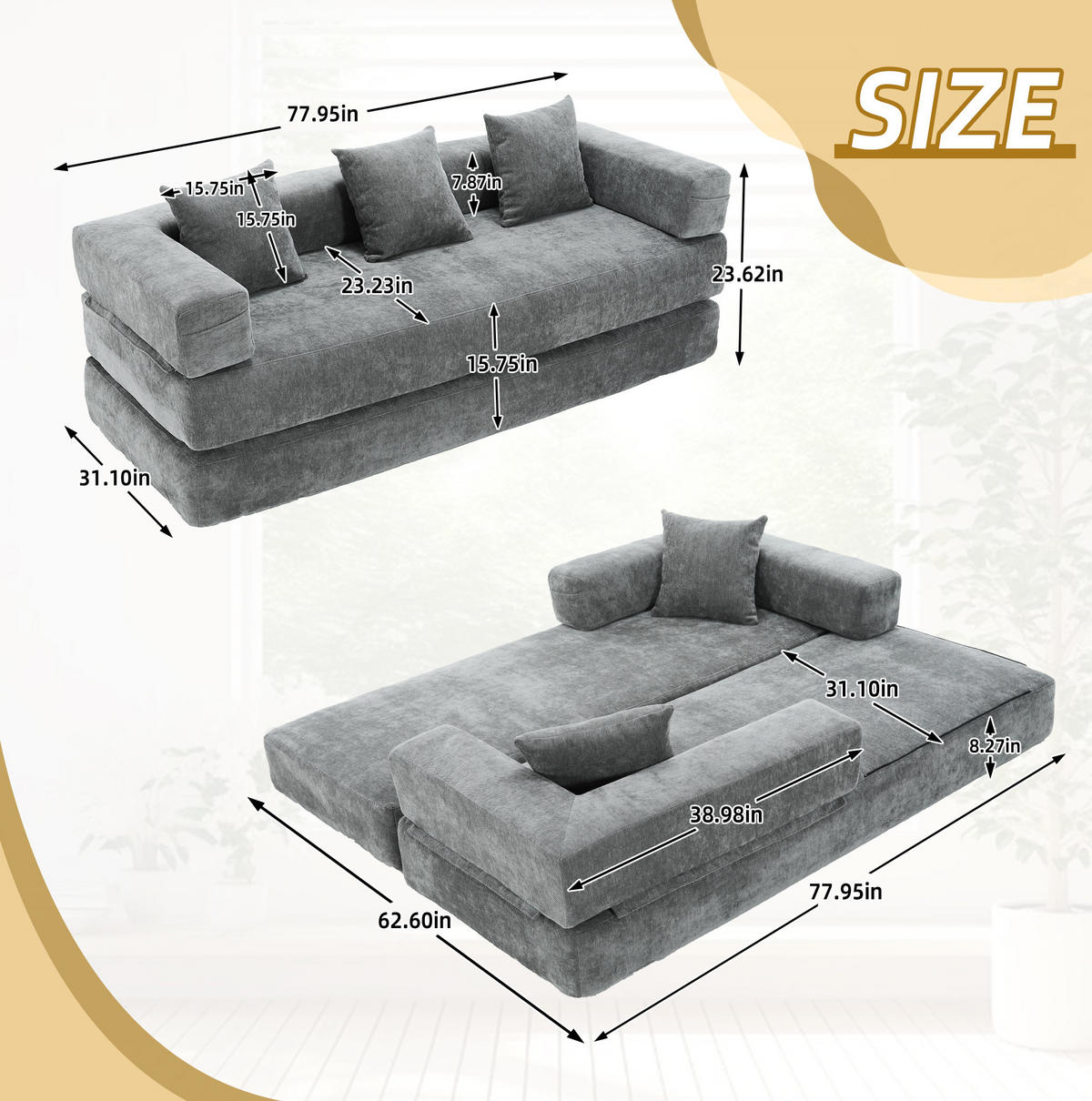 SOFA modular 198 x 79 x 60 cm Chenille Dark Gray - Dunkelgrau, Kunststoff (31.1/23.62/77.95cm) - Meubliv