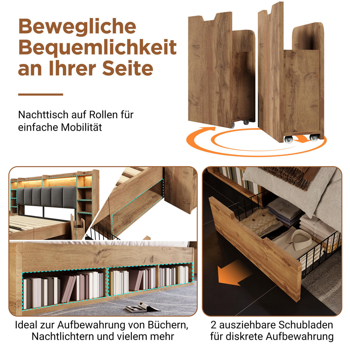 SYSTEMBETT 160/200 cm mit LED-Beleuchtung, USB-Anschlüssen, Stauraum und Rollschubladen , Eichefarben - Eichefarben, Holzwerkstoff (160/200cm) - Redom