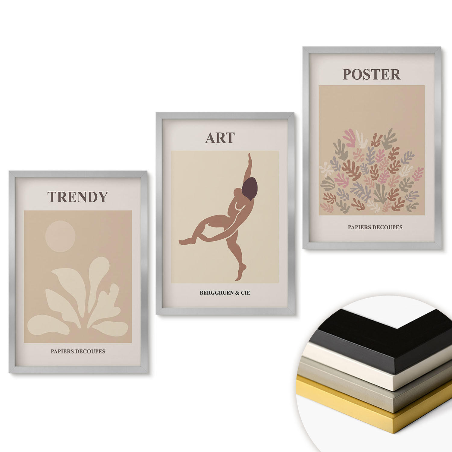 WANDBILDER 3er Set - 40x60 cm Silberner Rahmen - Matisses abstrakte Formen - Silberfarben, Kunststoff (40/60cm) - ArtPrintCave