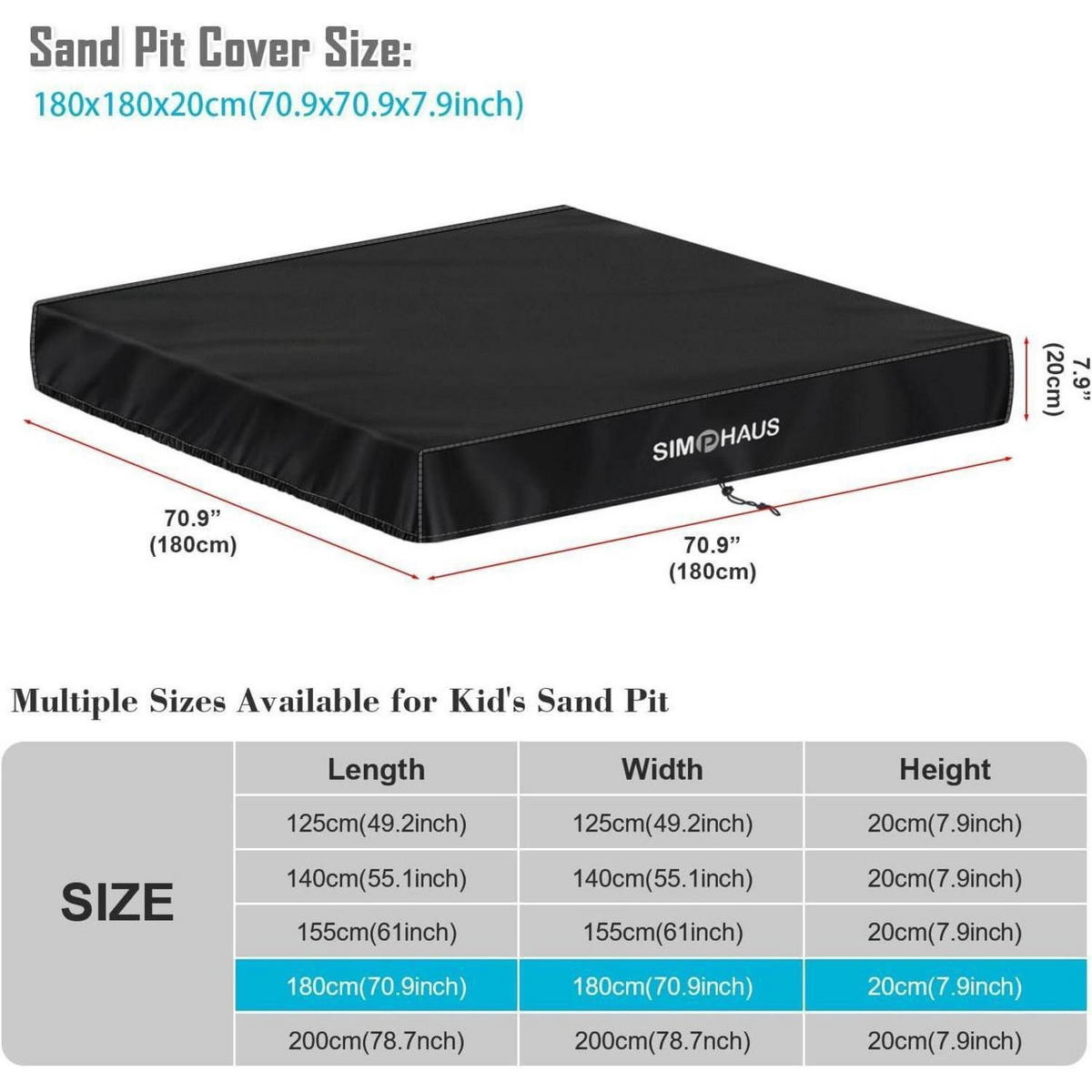 SANDKASTEN Abdeckung 180 x 180 x 20 cm Wasserdicht - Schwarz, Kunststoff (180/20/180cm)