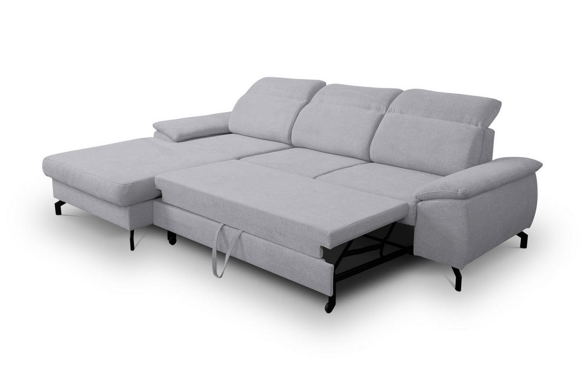 ECKSOFA MALIBU mit Schlaffunktion und Bettkasten, Farbe: Helgrau, Velourstoff, Ottomane Links - Hellgrau, Textil (276/184cm) - VENASI MÖBEL