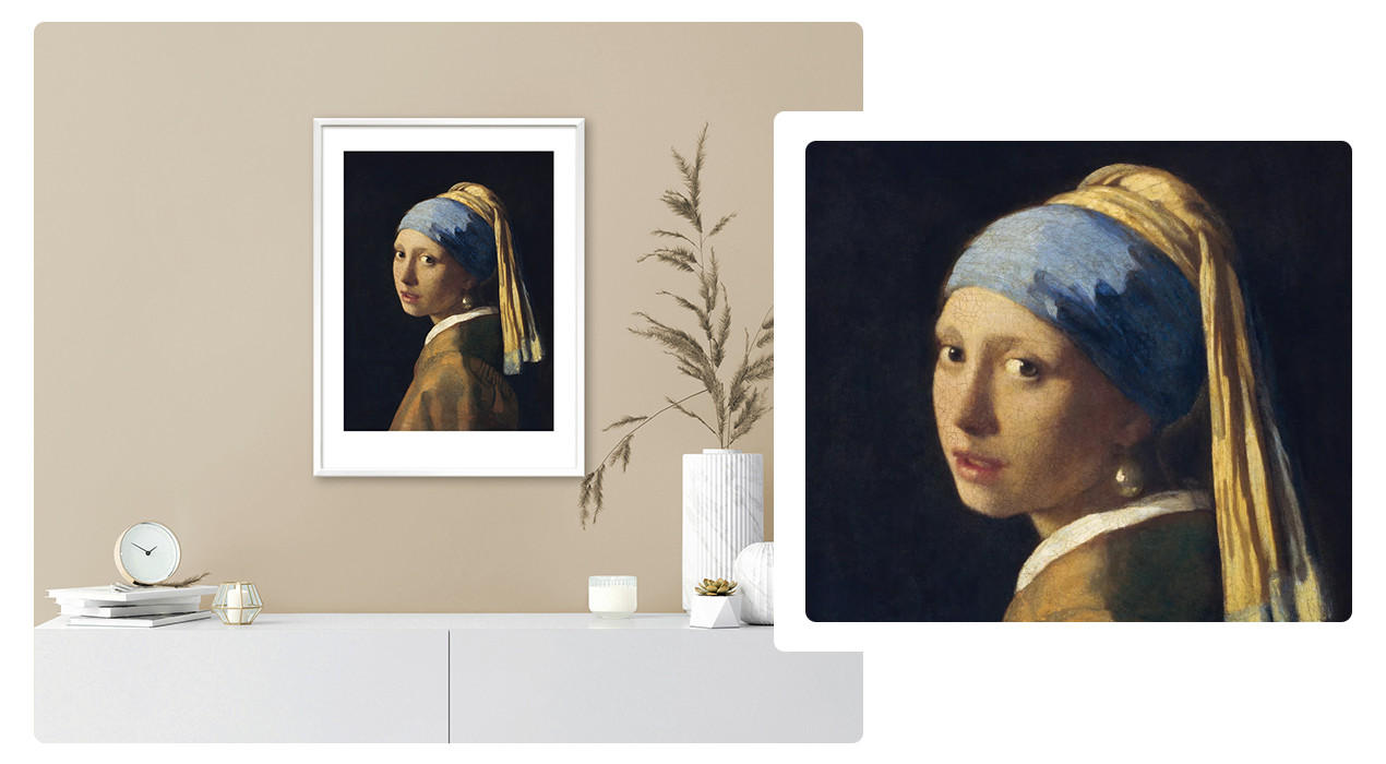 Wandgestaltung im Wohnzimmer - Kunstdruck von Frau über weißem Sideboard