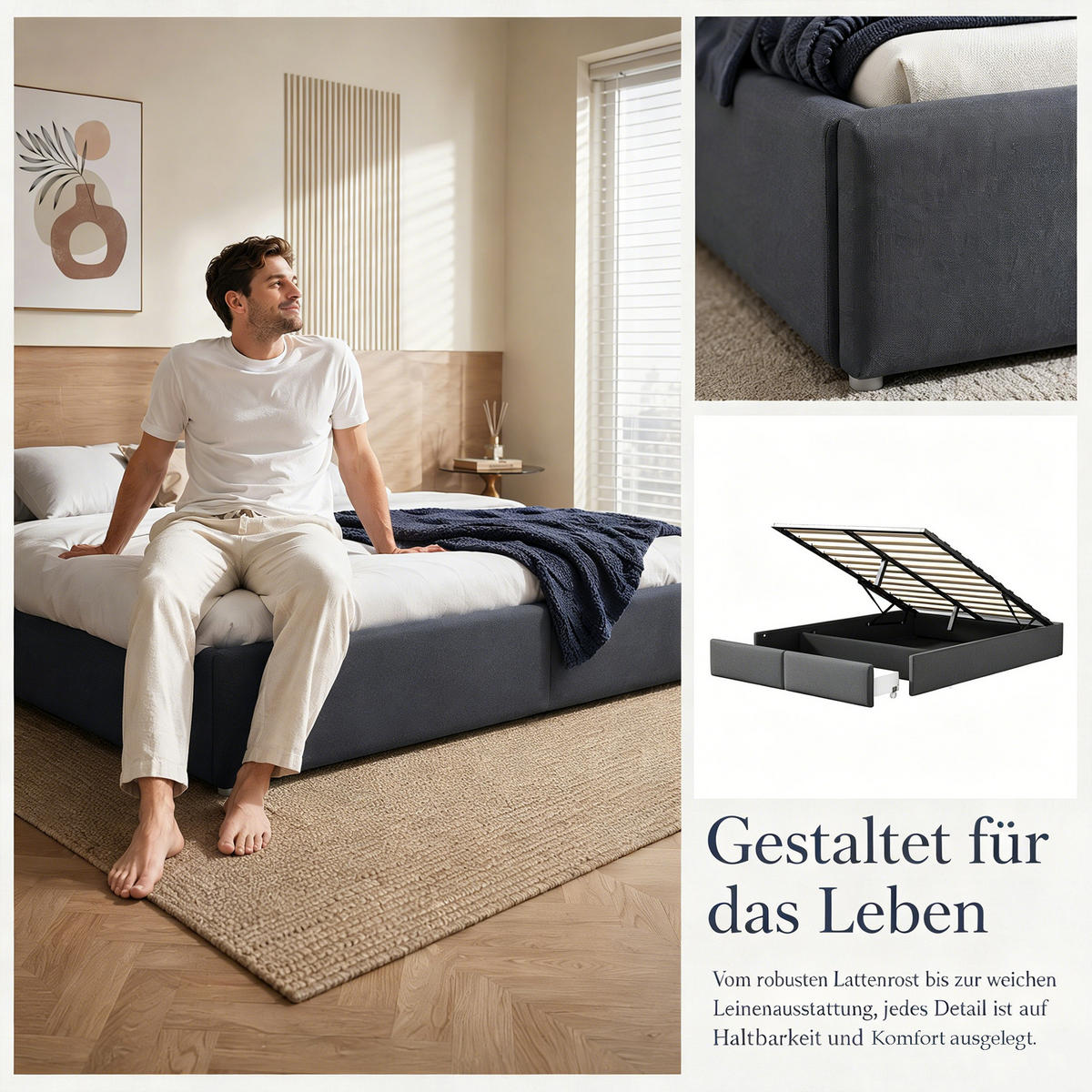 POLSTERBETT 140x200 mit stauraum, bettgestell mit 2 Schublade, Bettkasten, Lattenrost, ohne Kopfteil, Leinenstoff, grau - Dunkelgrau, Holz/Textil (140/200cm) - GENKI LIVING
