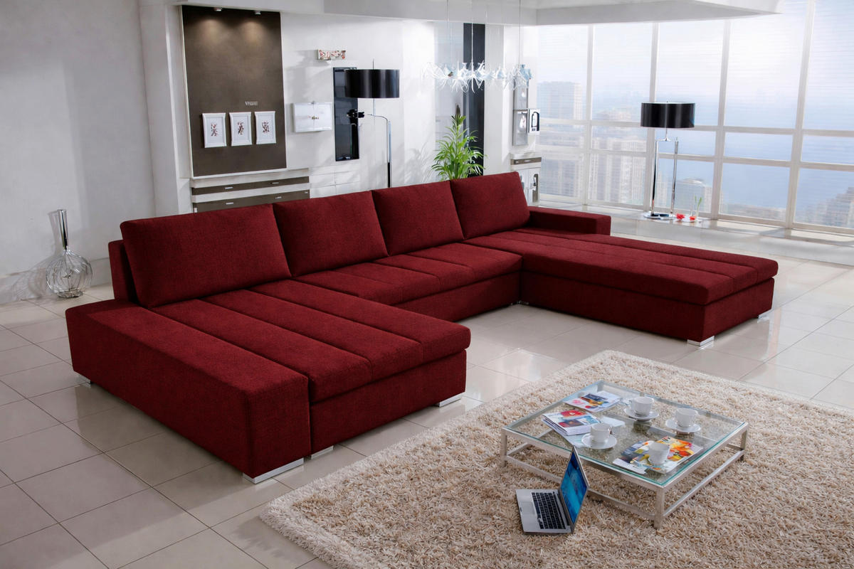 WOHNLANDSCHAFT VERONA U-Form mit Schlaffunktion, Bettkasten und Wellenfederung – Großzügiges Ecksofa 387 cm - Rot, Kunststoff (387/85/213cm) - Wohnideebilder