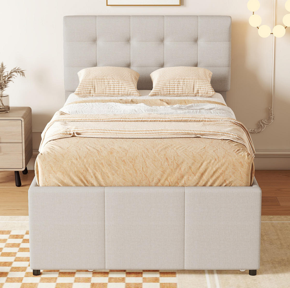 POLSTERBETT 90/200 cm mit Ausziehbett und 3 Schubladen, gepolstertes Kopfteil - Beige, Textil (90/200cm) - BEAOK