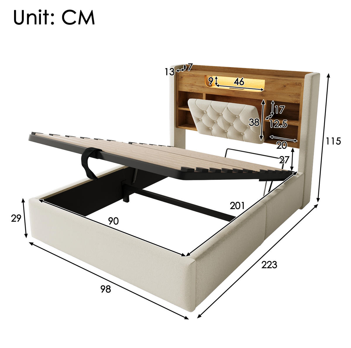ČALOUNĚNÁ postel 90/200 cm s LED osvětlením, USB/USB-C, úložným prostorem a lněným potahem, Béžová - béžová, textil (90/200cm) - Redom