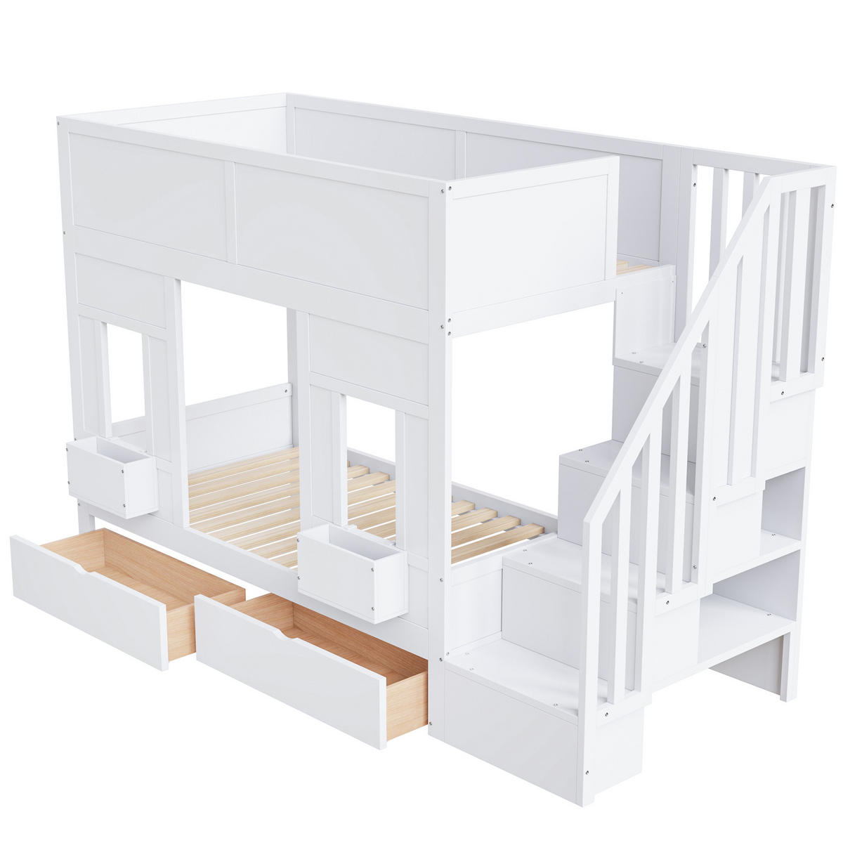 HOCHBETT 90/200 cm mit Stauraumtreppe, 2 Schubladen, Fenstern und Schutzgitter, Weiß - Weiß, Holzwerkstoff (90/200cm) - Redom