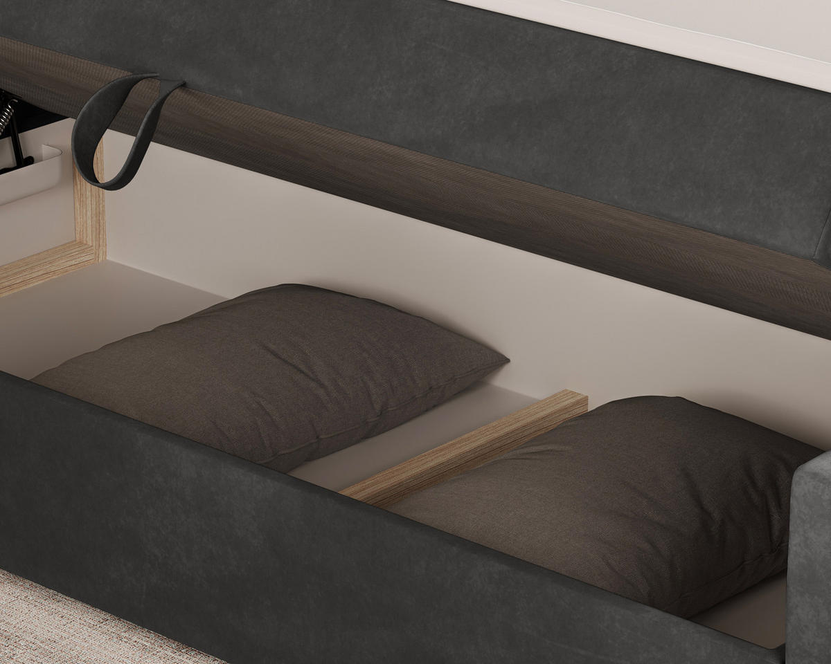 BOXBETT 12 140 x 200 cm - Manila - Modernes Polsterbett mit Bettkasten inkl. PU-Schaum-Topper und Federmechanismus - Schwarz, Holz (140/200cm) - ROYAL24_MARKT