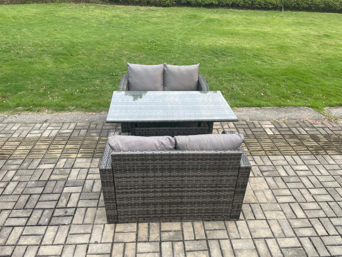 GARTENGARNITUR mit Zweisitzer Polyrattan Dunkelgrau 4-Sitzer - Dunkelgrau/Grau, Glas/Kunststoff - Fimous