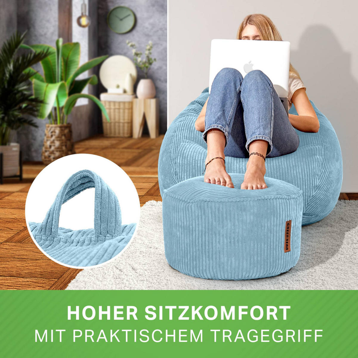 XXL-SITZSACK 2er Set + Pouf - Cordstoff - Hellblau, Textil (90/110/90cm) - Green Bean