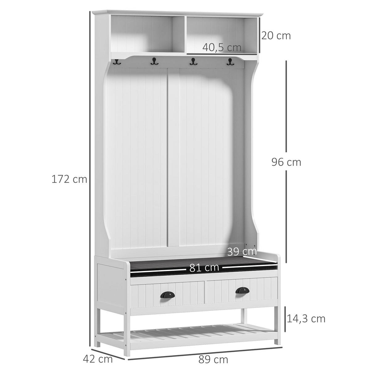 2-IN-1 Garderobenständer, Kleiderständer mit 4 Haken, Garderobe mit Schuhbank - Weiß/Grau, Holzwerkstoff/Textil (42/172/89cm) - HOMCOM