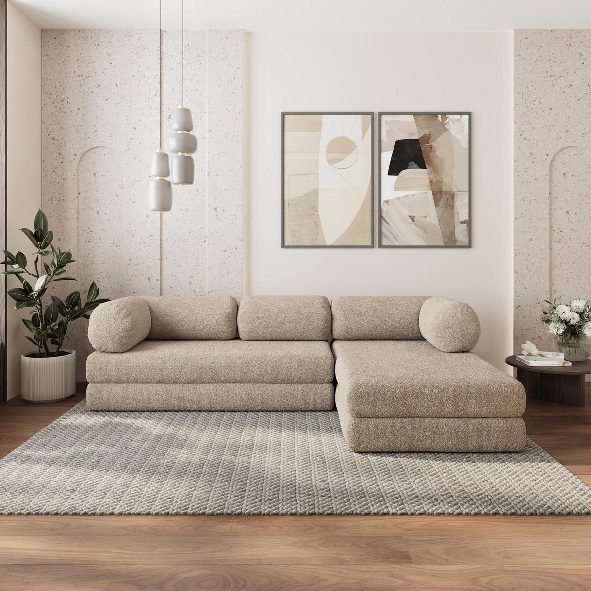 ROHOVÁ SEDAČKA KELI modulární Boneless pohovka s funkcí spaní, béžová QUELLE 05 - béžová, textil (270/160cm) - MASSENO