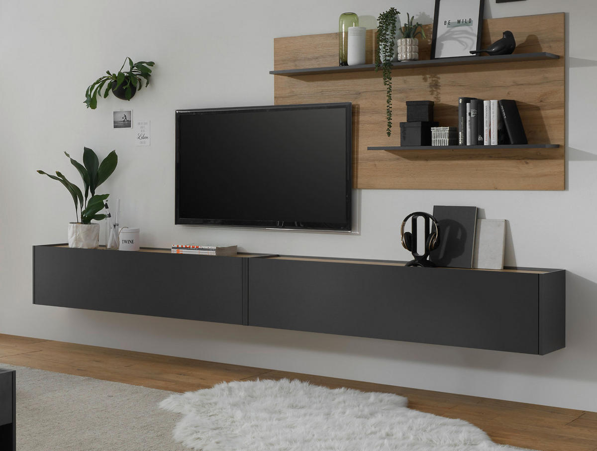 WOHNWAND grau matt, Eiche Wotan 3-teilig 300 cm, Schrankwand hängend - Eiche Wotan/Grau, Holzwerkstoff/Metall (300/180/30cm) - Furn.Design