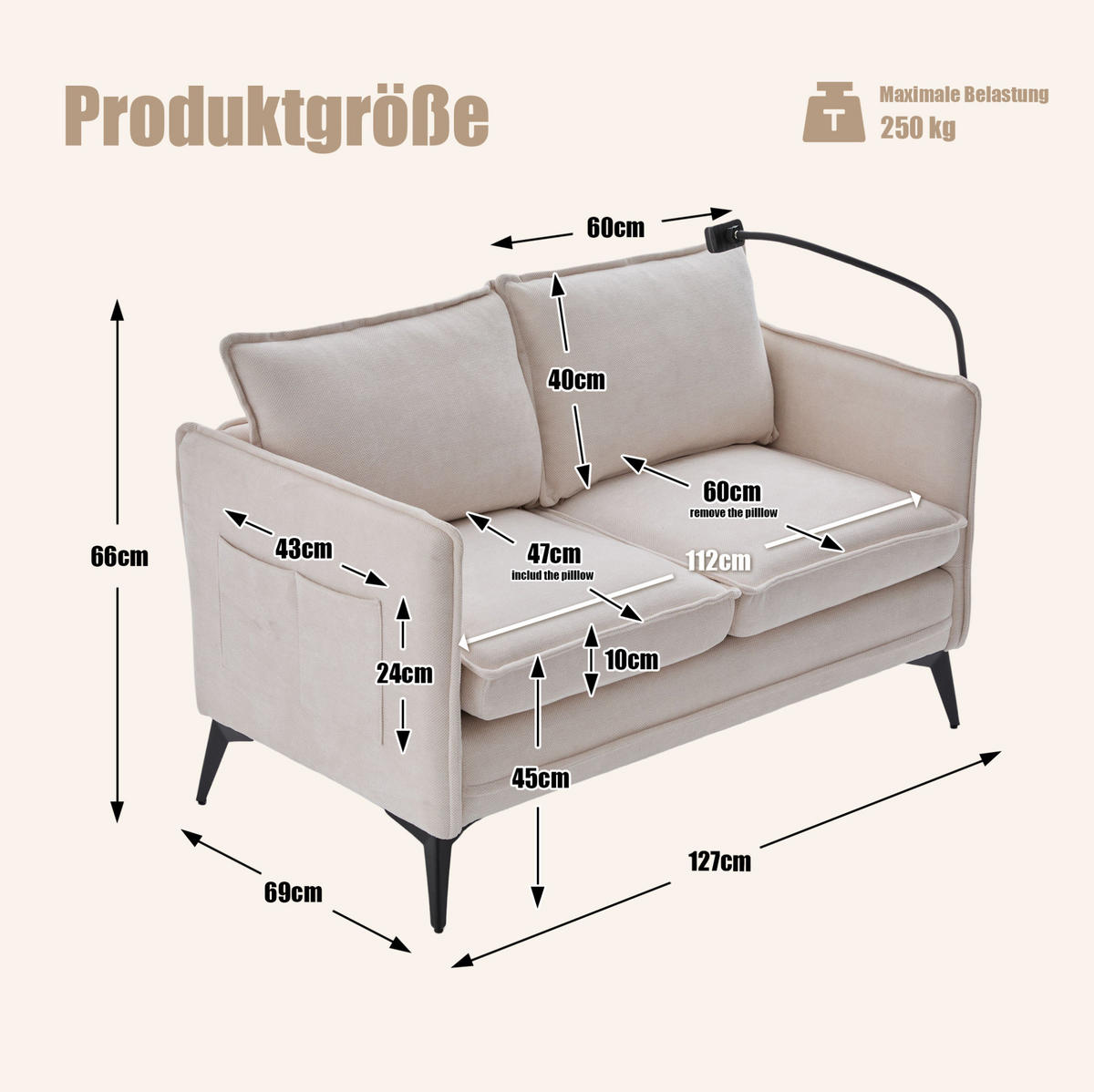 2-SITZER Sofa Chenille mit Handyhalter und Seitentaschen 127/69/66 cm Beige - Beige, Textil (66/127/69cm) - Redom