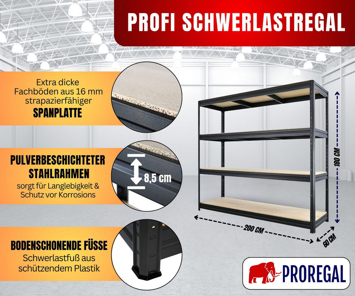 SCHWERLASTREGAL Dino 180x200x60cm Spanplatten-Ebenen Schwarz - Schwarz, Metall (200/180/60cm) - PROREGAL