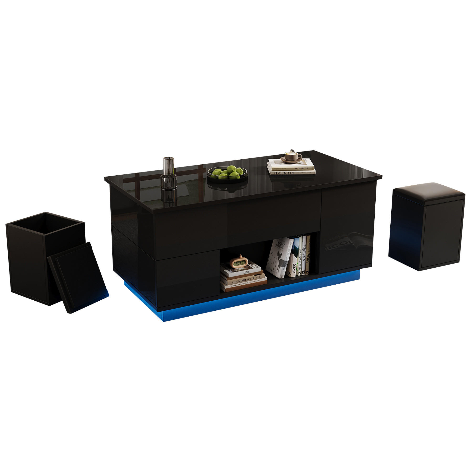 COUCHTISCH 100/50 cm schwarz aus Spanplatte mit höhenverstellbarer Tischplatte, LED und Stauraum - Schwarz, Holzwerkstoff (100/50/40cm) - OKMYHOME