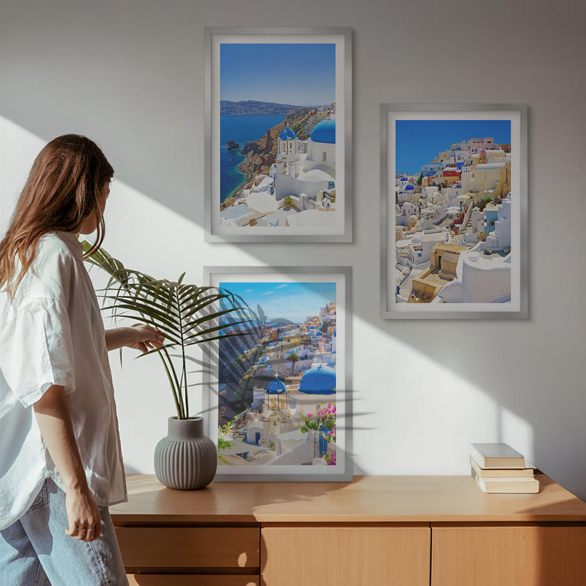 BILDER SET 3er Set - 40x60 cm Silberner Rahmen - Landschaftsarchitektur Oia Santorini - Silberfarben, Kunststoff (40/60cm) - TULUP