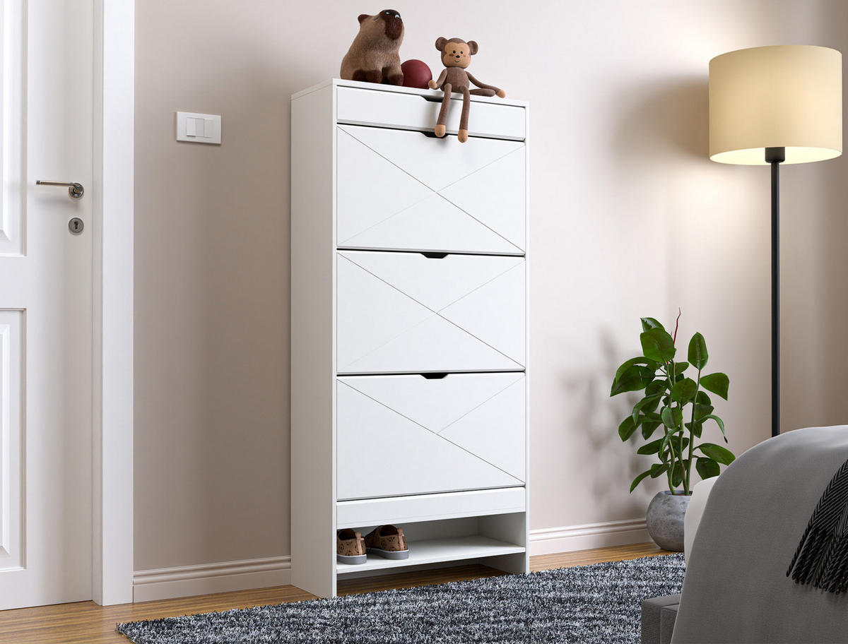 SCHUHSCHRANK 63/26/136.5 cm Weiß aus MDF mit 3 Klappen und Schublade - Weiß, Holzwerkstoff (63/136.5/26cm) - OKMYHOME