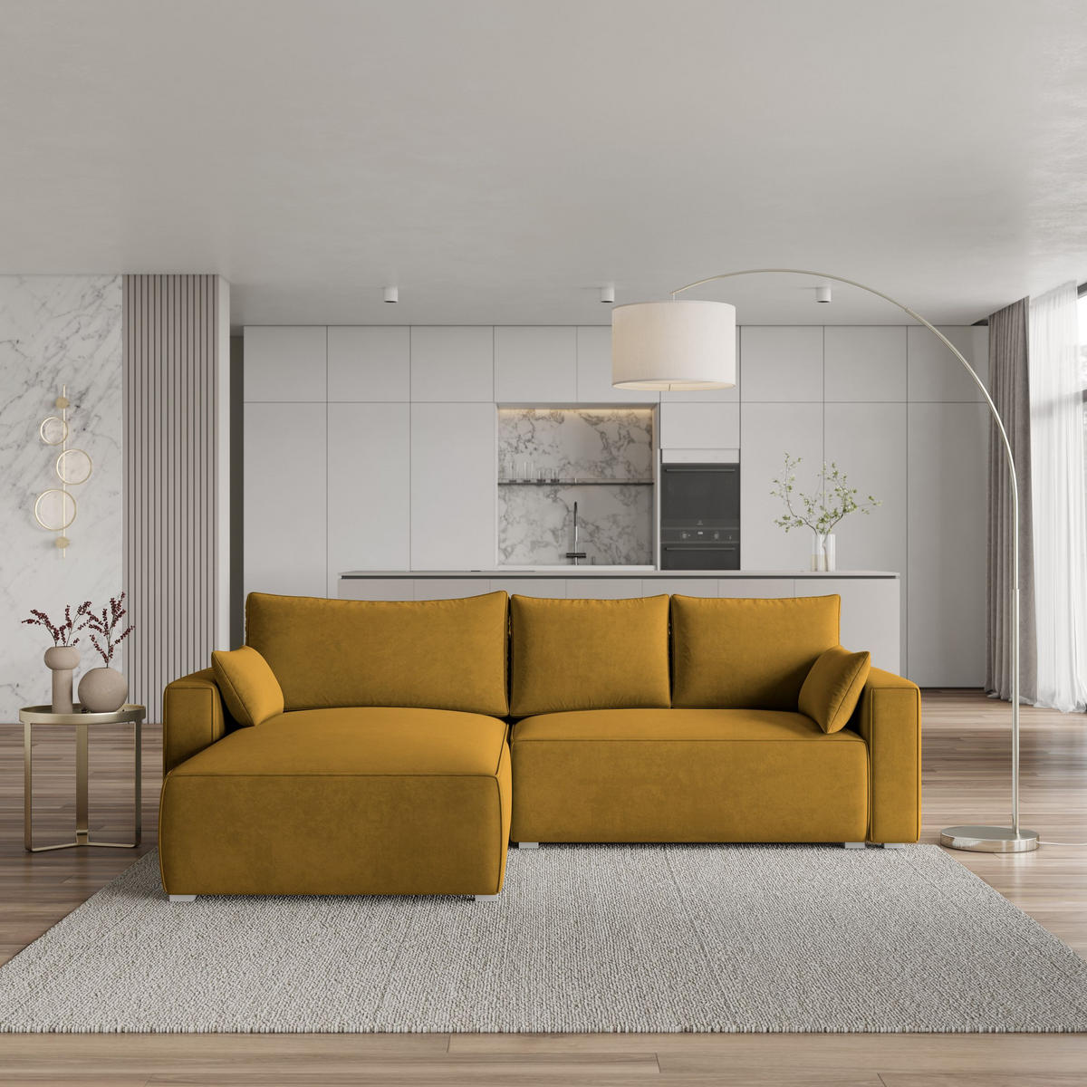 ECKSOFA FORIL Gelb Velours-Stoff mit Schlaffunktion - Gelb, Holz (265/178cm) - MASSENO