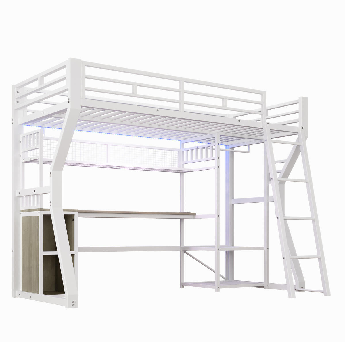 HOCHBETT 90/200 cm aus Metall/MDF mit Schreibtisch und Lichtleiste Weiß - Weiß, Holzwerkstoff (90/200cm) - Modenvie