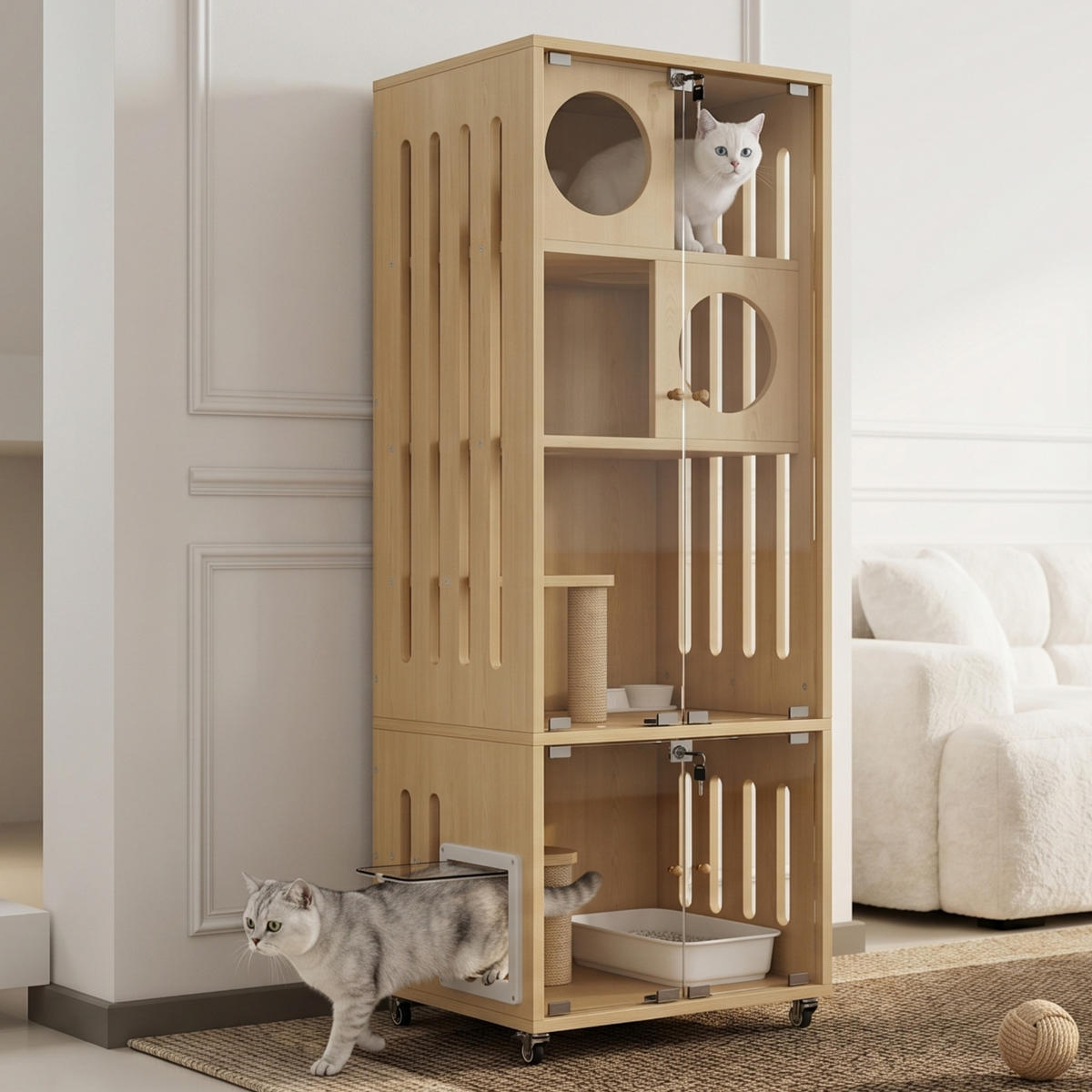 VITRINE Naturfarben 60×50×156 cm aus MDF und Glas mit abschließbarer Glastür, Klappe und Feststellrollen - Naturfarben, Holzwerkstoff (60/156/50cm) - Luhomfu