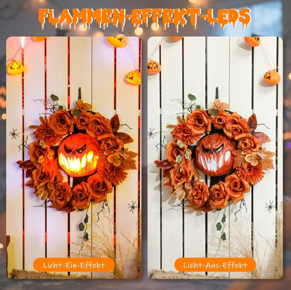 HALLOWEEN-DEKORATION 44/9/44 cm orange aus Stahl mit 44 LEDs - Orange, Metall (9/44/44cm) - OKWISH