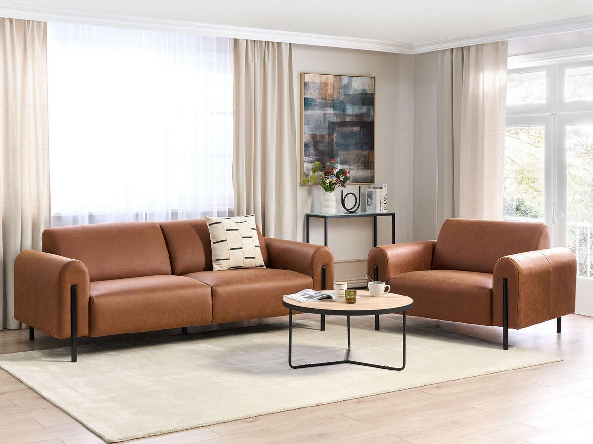 4-SITZER-SOFA Set Lederoptik goldbraun Askim - Rotbraun/Schwarz, Textil (122/122/207cm) - Beliani