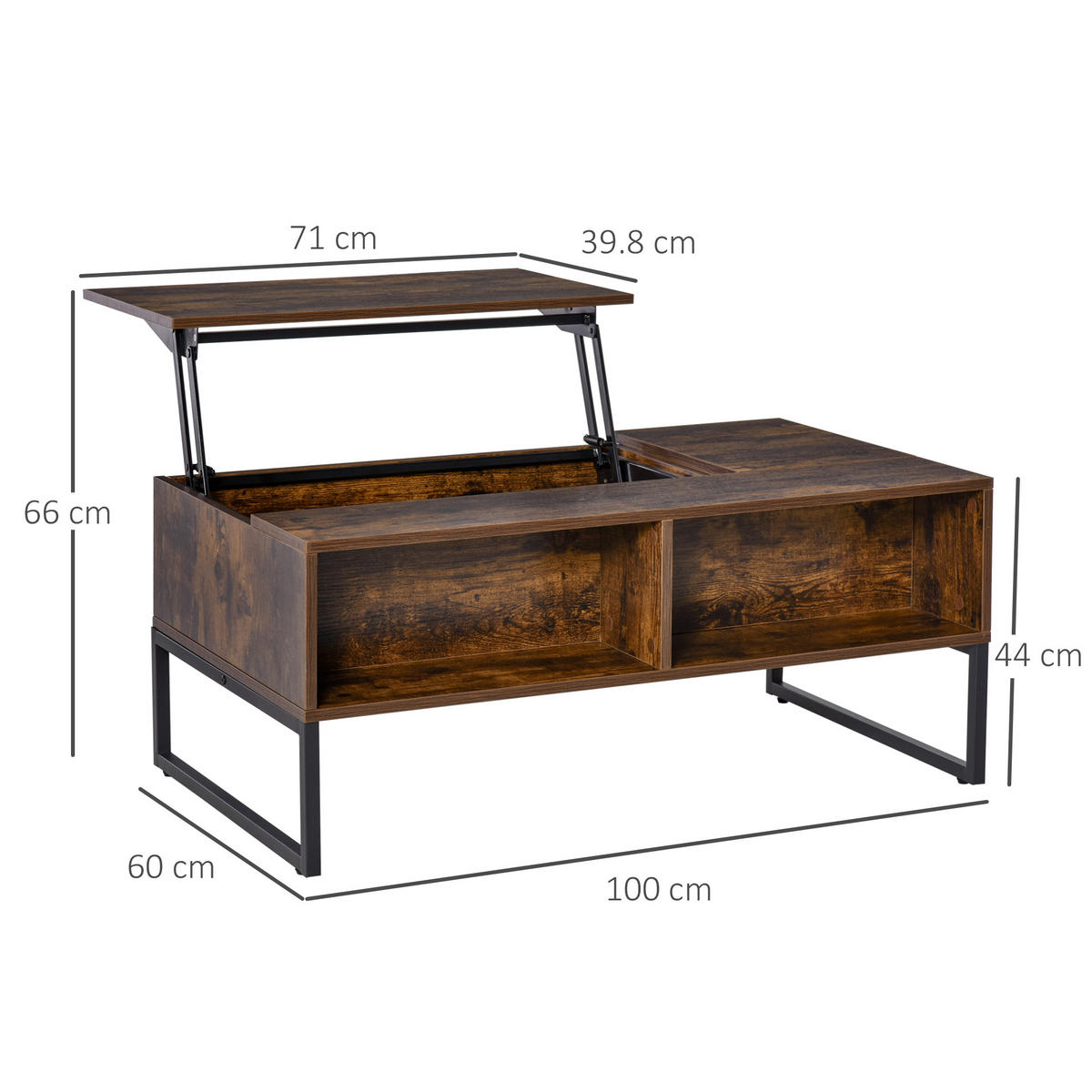 COUCHTISCH 100/60/40-66 cm Braun mit höhenverstellbarer Platte aus Spanplatte - Braun, Holzwerkstoff (100/60/44cm) - OKWISH