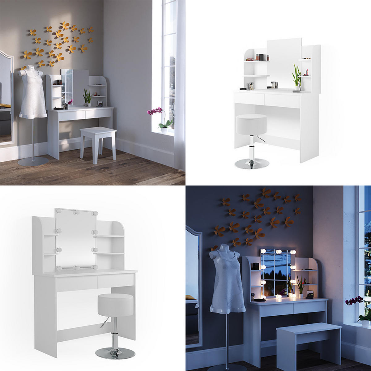 SCHMINKTISCH Charlotte Weiß 108 cm mit Spiegel - Weiß, Holzwerkstoff (108/139/40cm) - Vicco