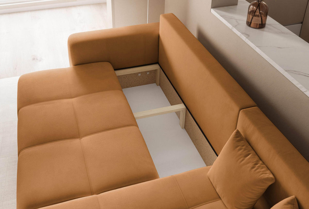 ECKSOFA Senfgelb Velours mit Bettkasten und Schlaffunktion - Honig, Textil (248/145cm) - Idohome