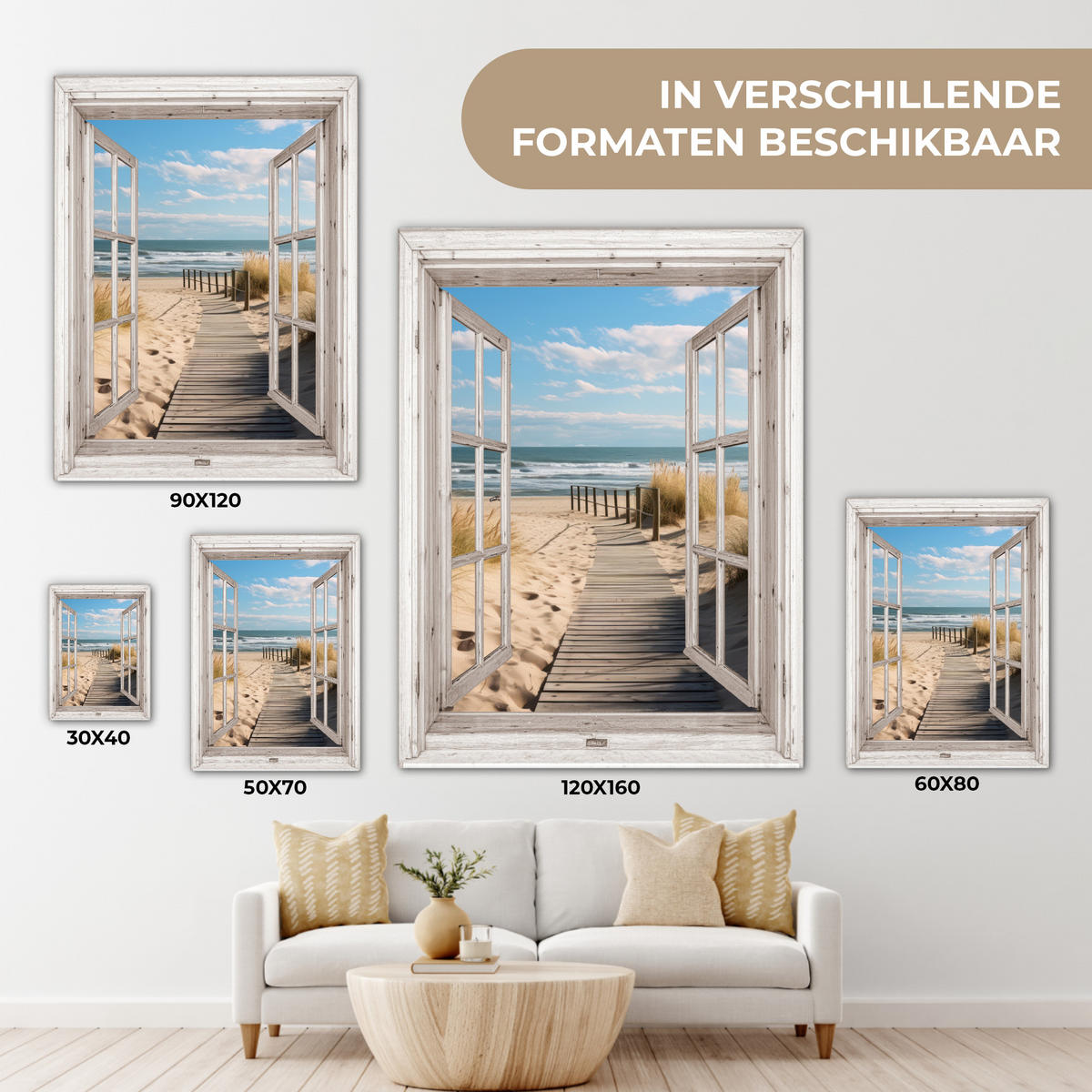 LEINWANDBILD Fenster - Meer - Küste - Natur - Ausblick - Strand - Wattenmeer 30x40 cm - Beige, Textil (30/40cm) - MuchoWow
