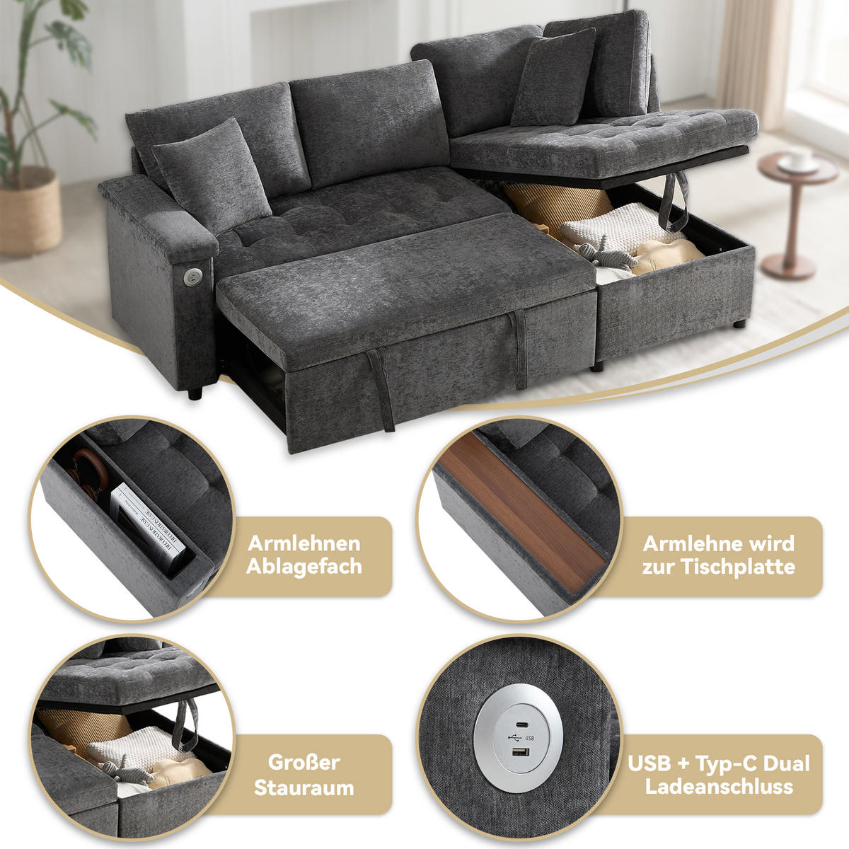 SCHLAFSOFA L-Form mit Stauraum, USB und 2 Kissen, Grau - Dunkelgrau, Textil (209/84/130cm)