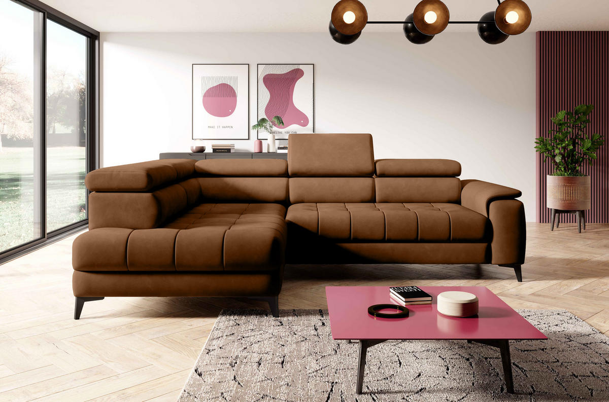 ECKSOFA CHIVAS Freistehend , Schlaffunktion, 278×197×76/98 cm, Stoff - Element, Hellbraun, Linke Seite - Hellbraun/Schwarz, Holz/Textil (278/197cm) - DomoHome