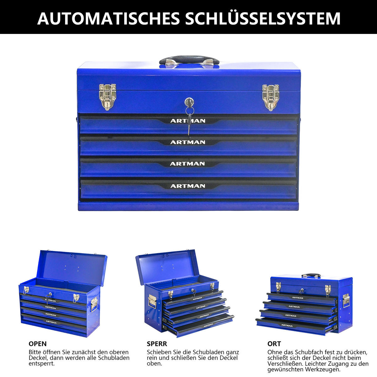 WERKZEUGKISTE 20 Zoll mit 3 Schubladen, pulverbeschichteter Stahl, Blau - Blau, Metall (22.3/34.5/53.2cm) - Novahome