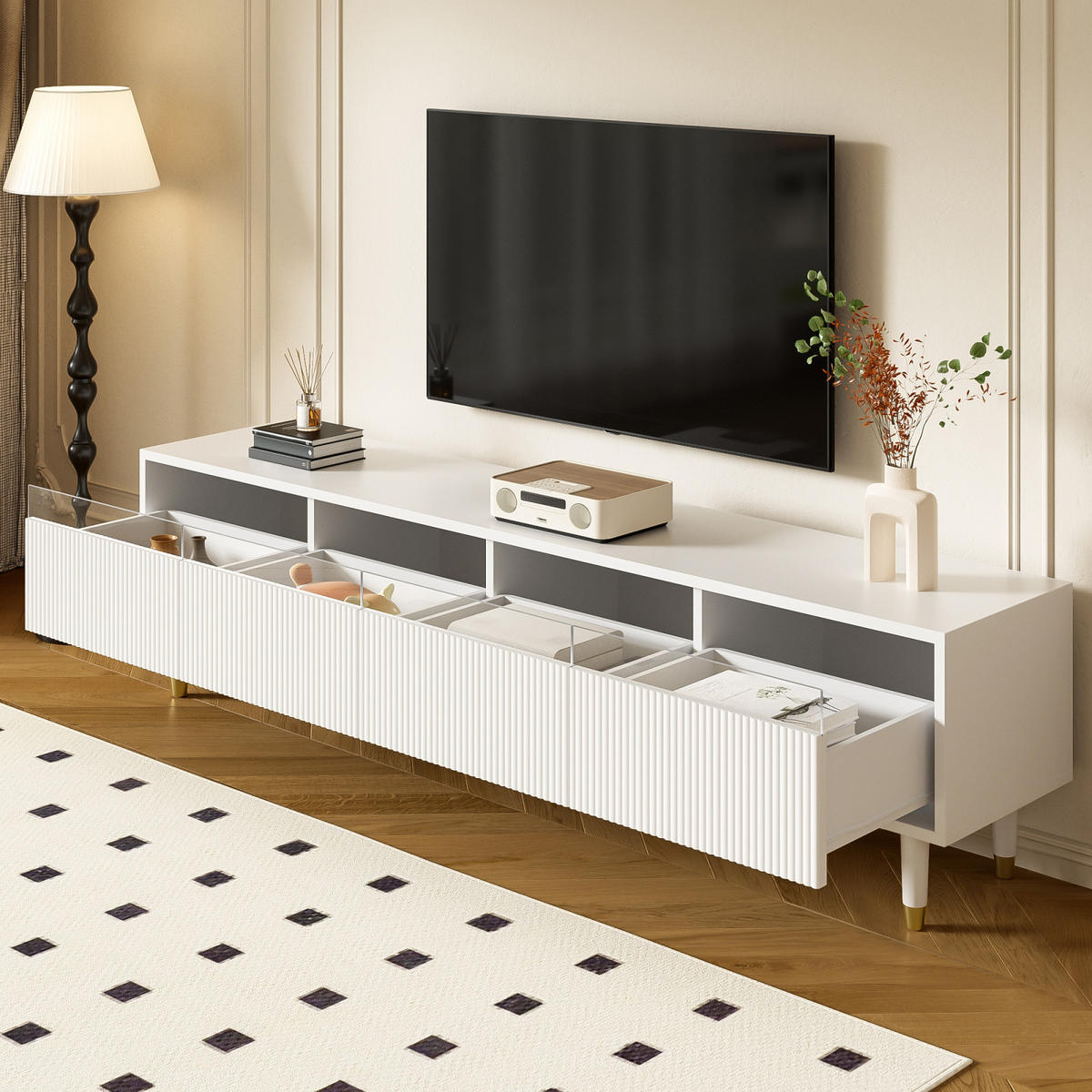 TV Lowboard 178 cm, 4 Schubladen, Holzoptik, Weiß - Weiß, Holz (178/45/35cm)
