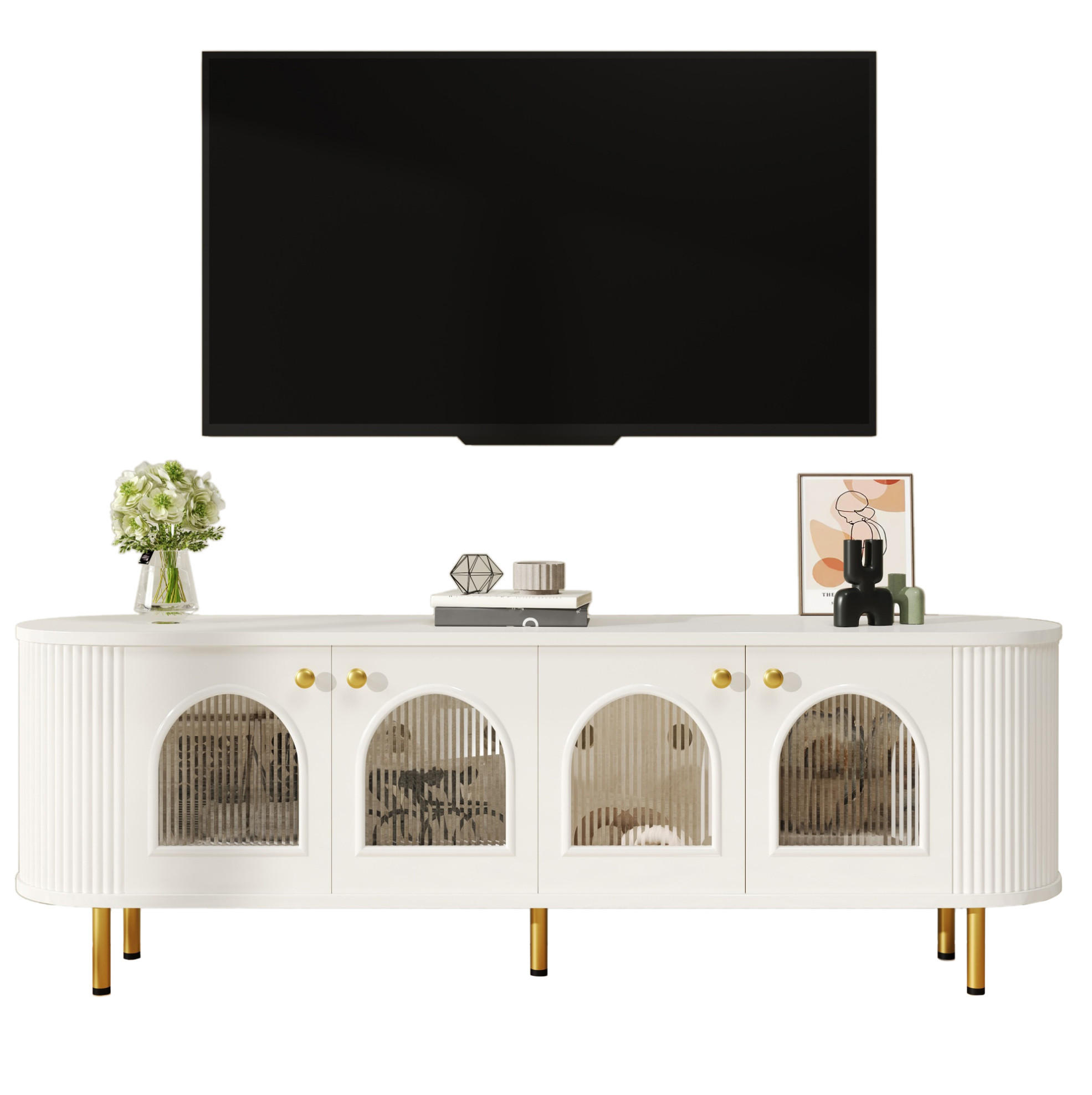 Redom TV stolek 170/35/55 cm se 4 skleněnými dvířky, vedením kabelů a MDF korpusem, Bílá/Zlatá