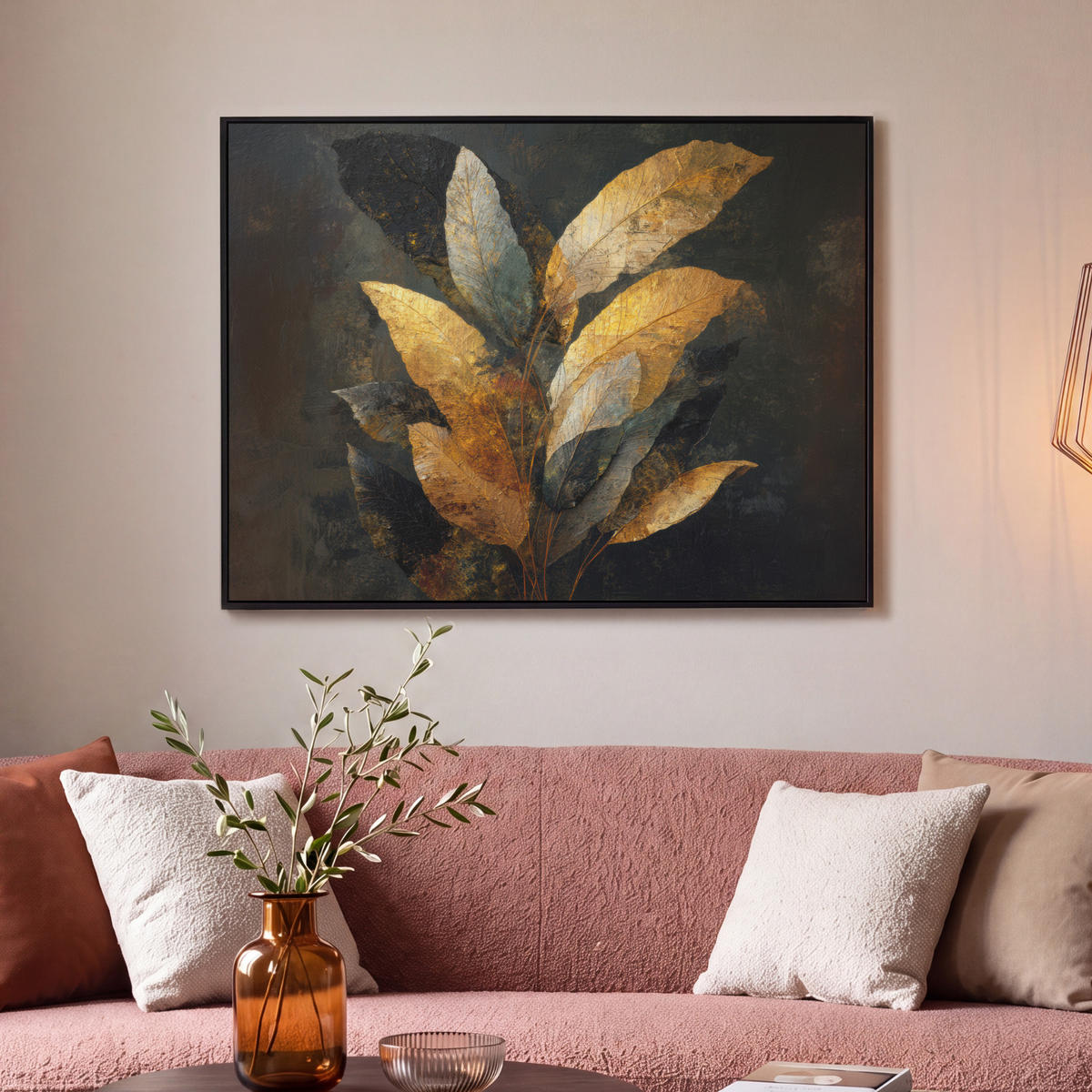 LEINWAND Bilder mit Rahmen - Golden Leaf Komposition - Botanical Luxury - 100x70 - Goldfarben, Textil (100/70cm) - MuchoWow