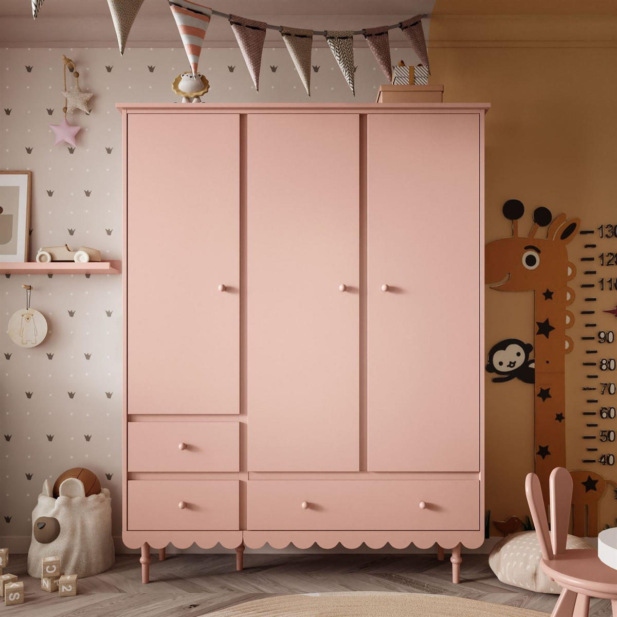 KINDERKLEIDERSCHRANK BABUSHKA – Dreitürig, Natürlich Rosa - Rosa, Holzwerkstoff (154/203/50cm)