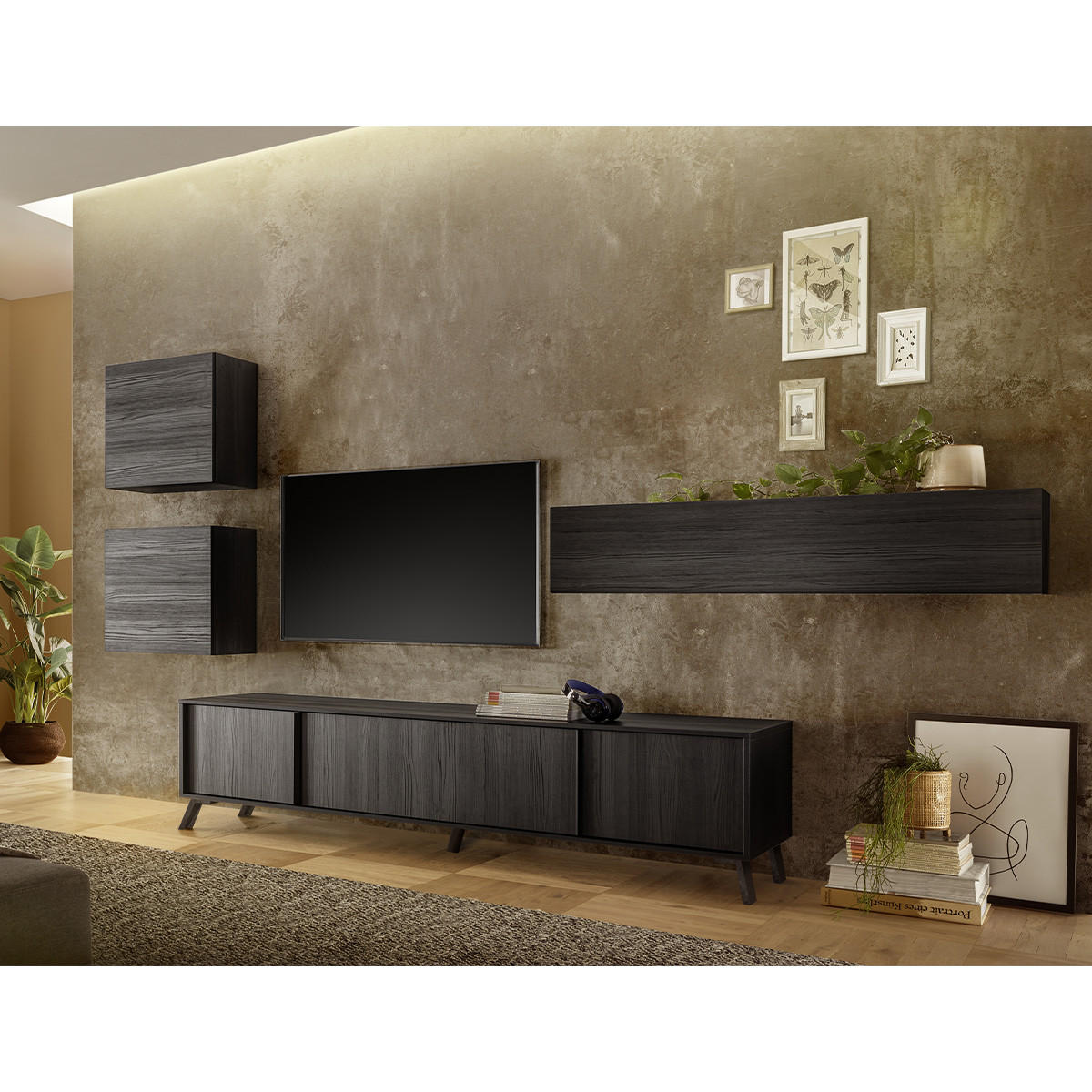 TV-MÖBEL mit 4 Türen L205 cm - City - Schwarz, Holzwerkstoff (40/48/8cm) - Calicosy