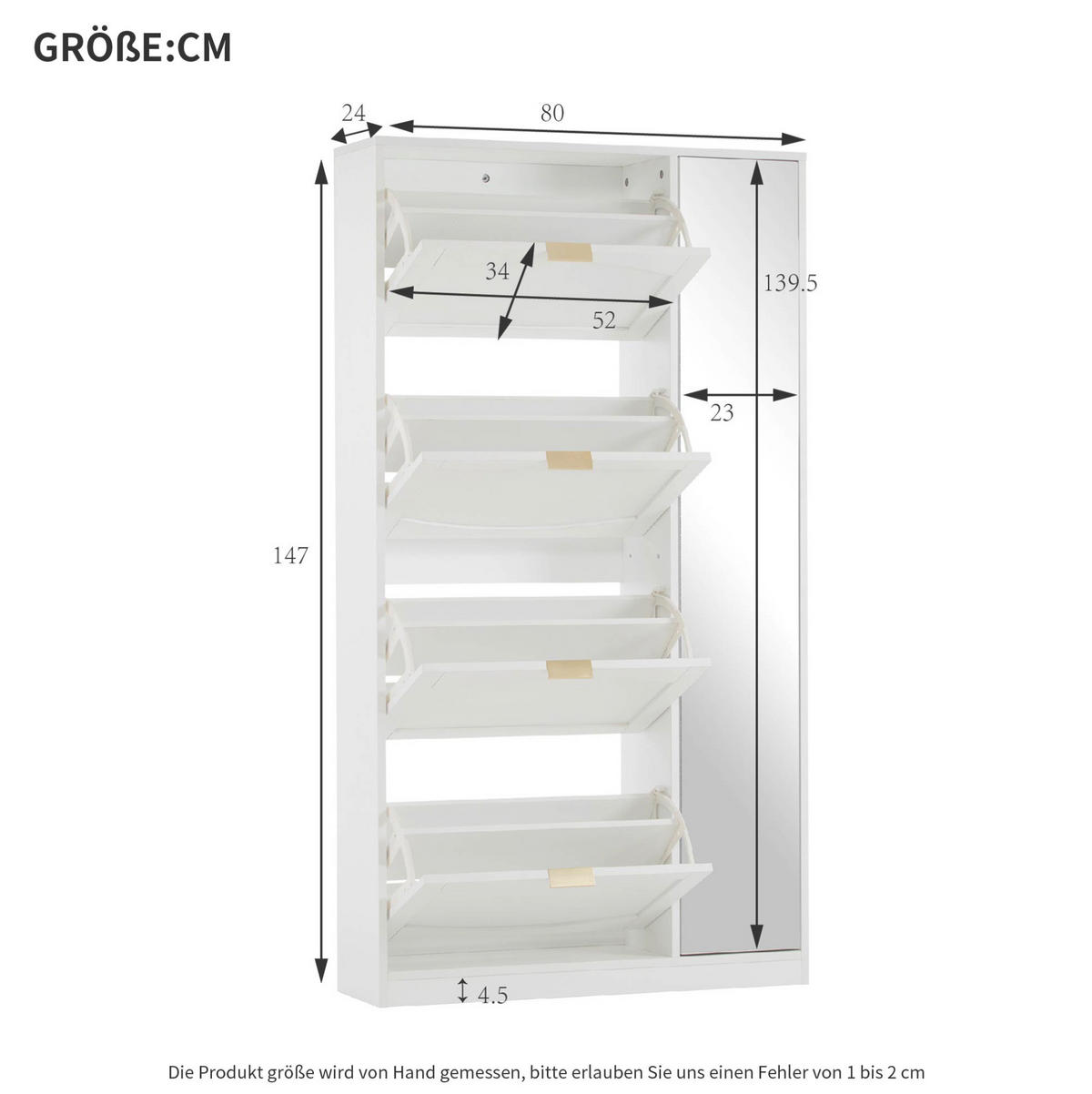 ORMAR za cipele 24/80/147 cm bijeli od iverice sa zrcalnim vratima i 4 preklopna pretinca - bijela, drvni materijal (80/147/24cm) - OKWISH