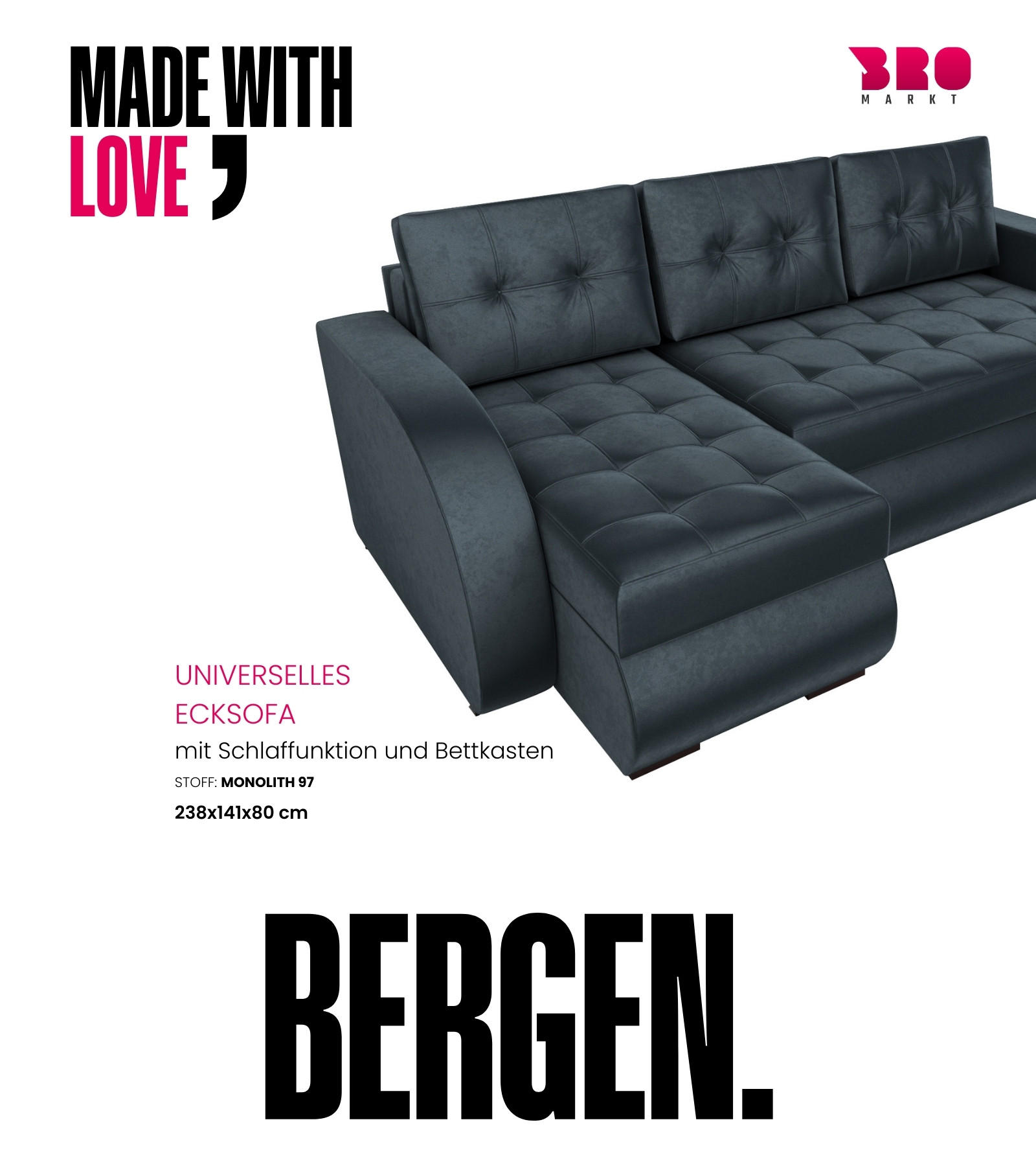 ECKSOFA Bergen mit Schlaffunktion Graphit Samtstoff - Graphitfarben, Textil (238/141cm) - Bromarkt