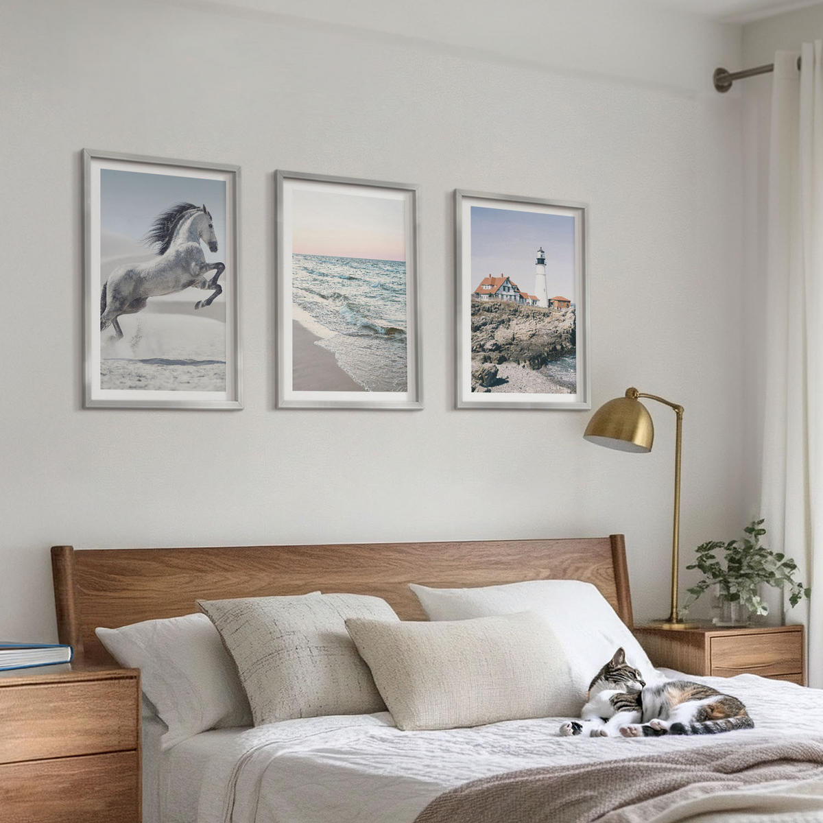 BILDER SET 3er Set - 40x60 cm Silberner Rahmen - Pferde, Strand, Leuchtturm, Wellen - Silberfarben, Kunststoff (40/60cm) - TULUP